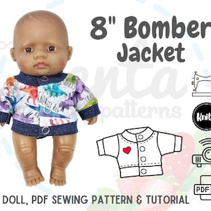 8in Doll Bomber Jacket PDF Sewing Pattern and Tutorial Projector file Miniland Lil Cutesies Cabbage Patch Bath Time DIY knit fabric 8in