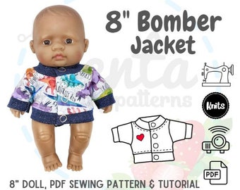 8in Doll Bomber Jacket PDF Sewing Pattern and Tutorial Projector file Miniland Lil Cutesies Cabbage Patch Bath Time DIY knit fabric 8in