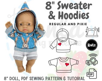 Doll Sweater Hoodies PDF Sewing Pattern 8 inches 21cm Tutorial Projector Miniland Lil Cutesies Pepotines Nenotines DIY knit fabric