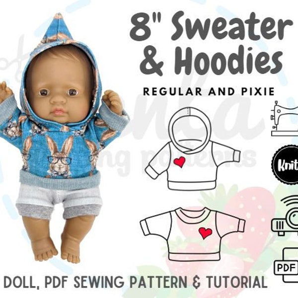 Doll Sweater Hoodies PDF Sewing Pattern 8 inches 21cm Tutorial Projector Miniland Lil Cutesies Pepotines Nenotines DIY knit fabric