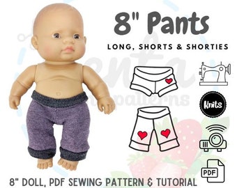 Doll Pants PDF Sewing Pattern 8 inches 21cm Tutorial Projector Miniland Lil Cutesies Pepotines Nenotines DIY knit fabric