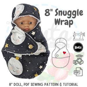 Doll Snuggle Wrap Burrito PDF Sewing Pattern 8 inches 21cm Tutorial Projector Miniland Lil Cutesies Cabbage Patch Bath Time DIY knit fabric
