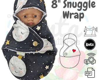 Doll Snuggle Wrap Burrito PDF Sewing Pattern 8 inches 21cm Tutorial Projector Miniland Lil Cutesies Cabbage Patch Bath Time DIY knit fabric