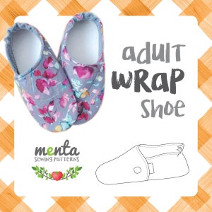 May include: A pair of adult wrap shoes with a floral print. The shoes are made of fabric and have a simple design. The image also includes a line drawing of the shoe pattern.