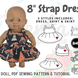 Doll Strap Dress Shirt Skirt PDF Sewing Pattern 8 inches 21cm Tutorial Projector Miniland Lil Cutesies Cabbage Patch Bath DIY knit fabric
