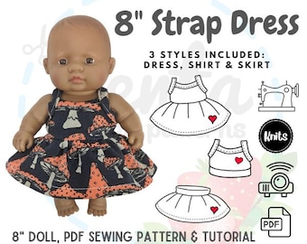 Doll Strap Dress Shirt Skirt PDF Sewing Pattern 8 inches 21cm Tutorial Projector Miniland Lil Cutesies Cabbage Patch Bath DIY knit fabric