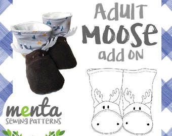 Adult Menta Moose Booties Add-on Adult sizes sewing pattern and tutorial DIY slippers