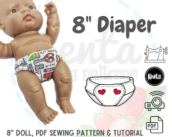 Doll Diaper PDF Sewing Pattern 8 inches 21cm Tutorial Projector Miniland Lil Cutesies Nenotines Pepotines DIY knit fabric 8in