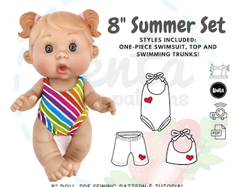 8" 21cm Miniland Lil Cutesies Nenotines Pepotines PDF Sewing Pattern Summer Set DIY Projector Print Swimsuit Trunks Top