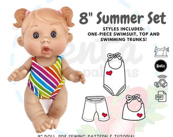 8" 21cm Miniland Lil Cutesies Nenotines Pepotines PDF Sewing Pattern Summer Set DIY Projector Print Swimsuit Trunks Top