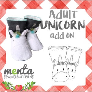May include: A sewing pattern for adult unicorn slippers. The pattern includes a black and white line drawing of the slippers. The text "Adult Unicorn add on" is written in black on a white background.