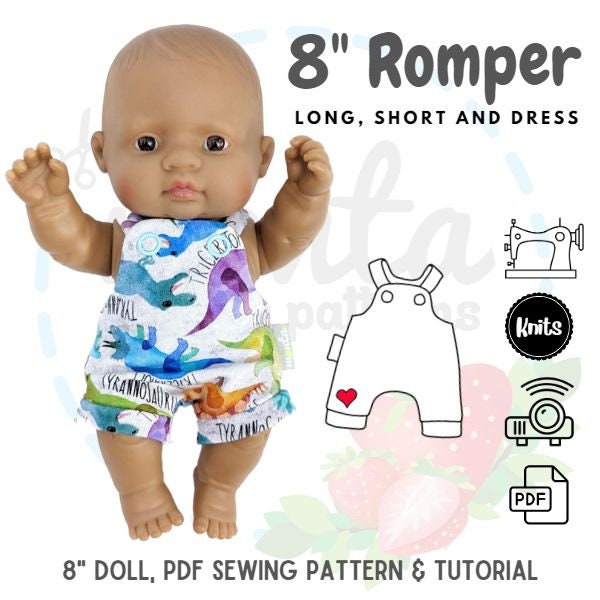 Doll Romper and Dress PDF Sewing Pattern 8 inches 21cm Tutorial Projector Miniland Lil Cutesies Nenotines Pepotines DIY knit fabric 8in