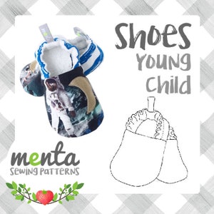 May include: Baby shoes with an astronaut print, blue and white striped accents, and a gold-colored patch. The shoes are part of a sewing pattern set. The text on the image says "Shoes Young Child".