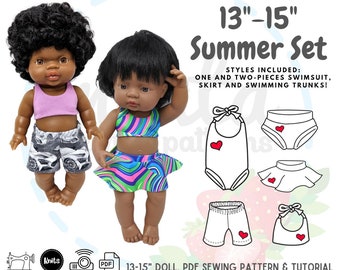 13&quot; 15&quot; Summer Set Swimsuit Bikini Trunks Skirt Miniland Mini Coletto Paola Reina PDF Sewing Pattern Tutorial DIY Projector