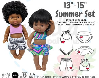 13" 15" Summer Set Swimsuit Bikini Trunks Skirt Miniland Mini Coletto Paola Reina PDF Sewing Pattern Tutorial DIY Projector