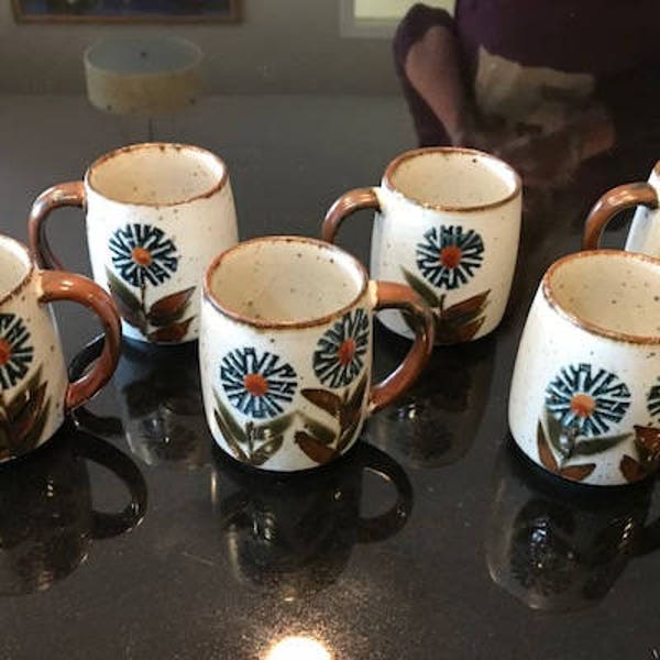 Vintage Mid Century Modern Stoneware Coffee Mugs w/ Flowers - Set of 6