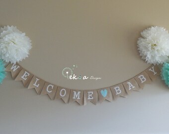 Burlap Welcome Baby banner / burlap baby banner / baby bunting / baby shower photo props / baby signs