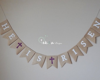 Płótnie on jest zmartwychwstały banner/płótnie Easter banner/Wielkanoc Bunting/płótnie Wielkanoc girlanda/Easter dekoracja/Easter znak krzyża