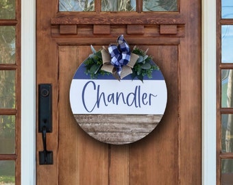 Navy Blue Door Hanger - Family Name Sign - Porch Decor - Front Door Sign With Greenery