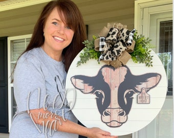 Cow Door Hanger - Cow Print Wreath - Cow Tag Door Hanger - Personalized Cow Sign - Farm Door Hanger - Front Door Sign