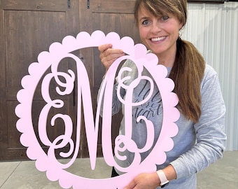 Painted Wooden Monogram - Wooden Initials - Wedding Gift - Housewarming Gift - Nursery Monogram - Wall Hanging - Scallop Border Monogram