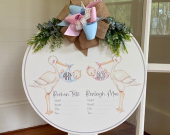 Twin Baby Birth Announcement - Hospital Door Hanger - Stork Door Hanger - Baby Name Sign - Baby Girl - Baby Boy - Birth Announcement Sign