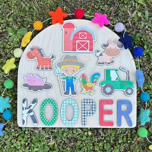 Toddler Birthday Gift Personalized Name Puzzle, Farm Theme Wooden Puzzle, Custom Toddler Gift, Farm Animal Puzzle, Birthday Gift for Toddler immagine 1