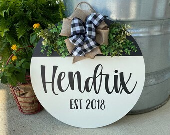 Welcome Sign - Last Name Sign - Established Sign - Front Porch Sign - Door Hanger with Greenery - Wedding Gift - Housewarming Gift