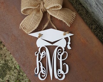 Car Charm - Graduation Cap - Car Monogram - Rear View Mirror Monogram - 4.5" Painted Monogram with Burlap Bow - Circle Border