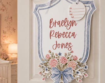 Baby Girl Hospital Door Hanger, Personalized Newborn Name Sign, Floral Nursery Door Decor, Custom Baby Shower Gift