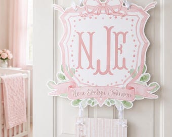 Personalized Baby Girl Hospital Door Hanger, Pink Nursery Name Sign, Newborn Announcement Door Sign, Custom Monogram Baby Door Hanger