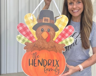 Personalized Turkey Door Hanger | Thanksgiving Door Sign | Custom Family Name Fall Decor | Pumpkin Turkey Door Hanger | Fall Front Door Sign