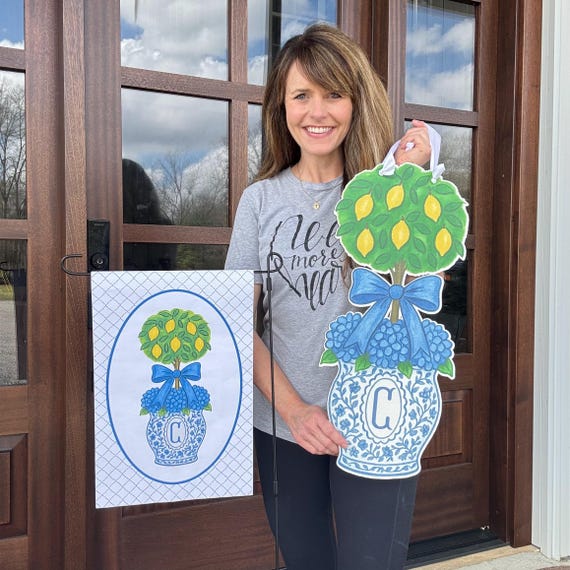 Lemon Topiary With Hydrangeas Door Hanger and Garden Flag Set