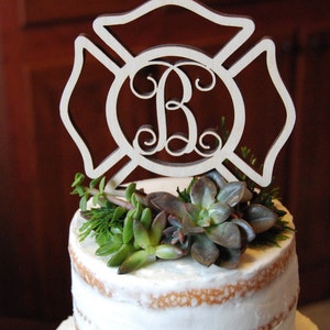 Fireman Cake Topper Painted Maltese Cross Cake Decor Fire Fighter Wedding Personalized image 2