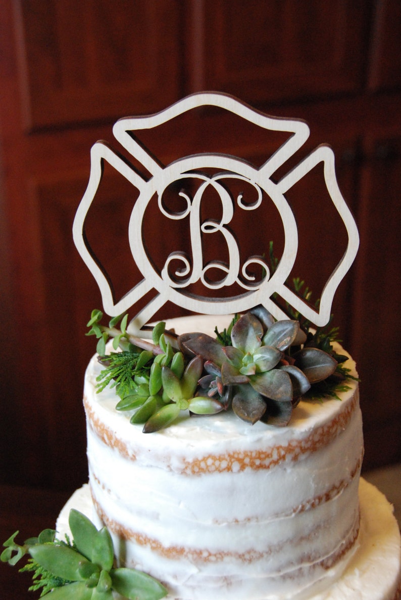 Fireman Cake Topper Painted Maltese Cross Cake Decor Fire Fighter Wedding Personalized image 2