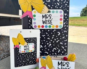 Personalized Teacher Door Hanger and Pencil Holder and Clipboard Set, Composition Notebook Classroom Decor, Back to School Teacher Gift