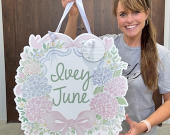 Personalized Baby Girl Hospital Door Hanger | Floral Monogram Birth Announcement Sign | Custom Nursery Door Decor with Birth Stats Tag