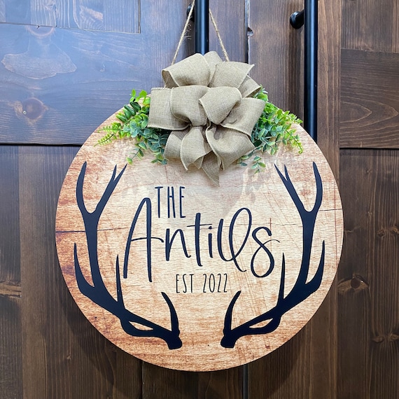 Front Door Hanger - Last Name Door Wreath - Family Name Sign - Antler Door Hanger - Housewarming Gift