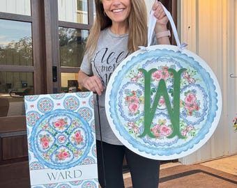 Personalized Monogram Door Hanger & Garden Flag Set | Custom Floral Porch Decor | Family Name Garden Flag | Blue Floral Entryway Decor