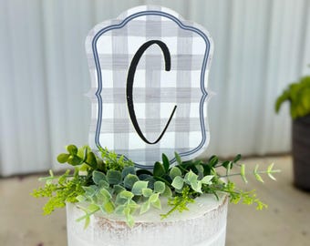 Custom Initial Cake Topper | Blue Gingham Cake Topper | Birthday Cake Decoration | Baby Shower Party Decor