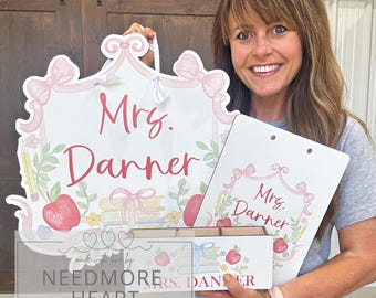 Personalized Teacher Door Hanger and Pencil Holder and Clipboard Set – Custom Classroom Decor and Appreciation Gift