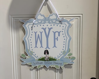 Personalized Nursery Door Sign | Custom Baby Monogram Sign | Blue Boy Nursery Decor | Puppy Nursery Door Hanger | Baby Boy Name Sign