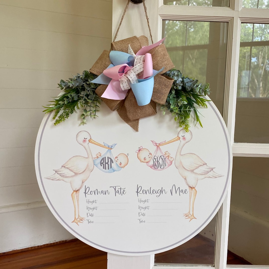 Twin Baby Birth Announcement Hospital Door Hanger Stork Door Hanger