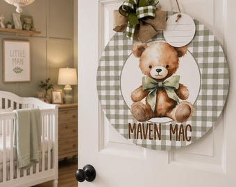 Personalized Teddy Bear Door Hanger, Baby Boy Nursery Sign, Green Gingham Name Sign, Custom Baby Shower Gift, Hospital Door Decor