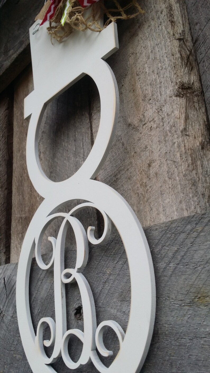 Snowman Door Hanger Distressed Initial Snowman Wreath Etsy