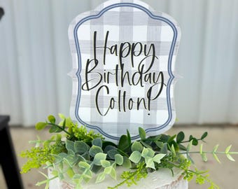 Personalized Blue Gingham Cake Topper | Custom Birthday Cake Topper | Boy Birthday Cake Decoration | Blue Plaid Cake Topper