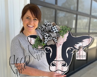 Cow Door Hanger - Cow Print Wreath - Cow Tag Door Hanger - Personalized Cow Sign - Farm Door Hanger - Front Door Sign