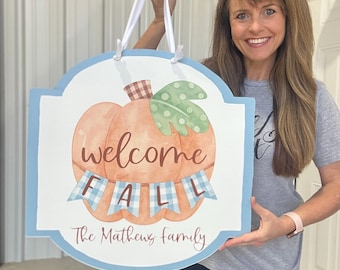 Personalized Fall Door Hanger, Custom Family Name Pumpkin Sign, Welcome Fall Front Door Décor, Blue Gingham Autumn Door Sign