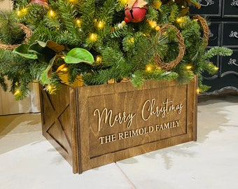 Personalized Wooden Tree Collar - Wood Christmas Tree Box - Collapsible Wooden Christmas Tree Skirt