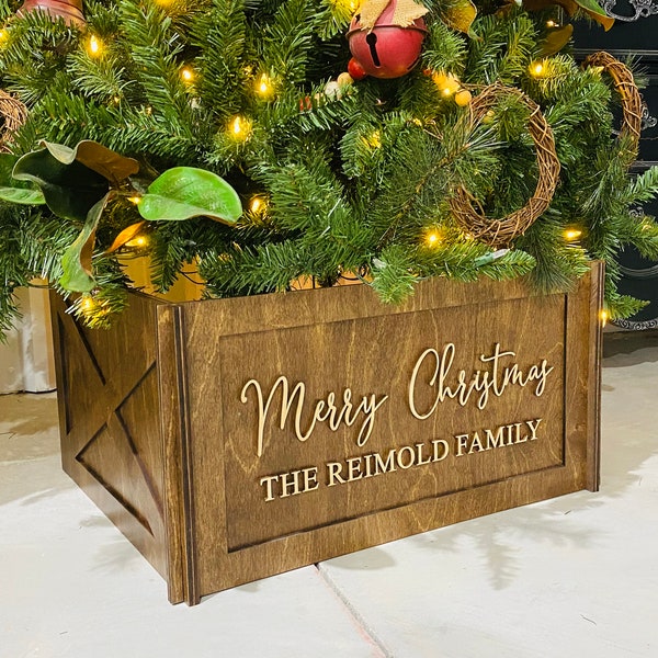 Personalized Wooden Tree Collar - Wood Christmas Tree Box - Collapsible Wooden Christmas Tree Skirt